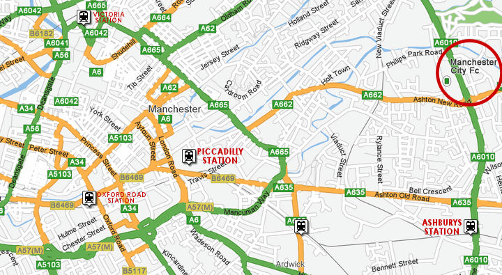 map of Manchester city centre in relation to Eastlands